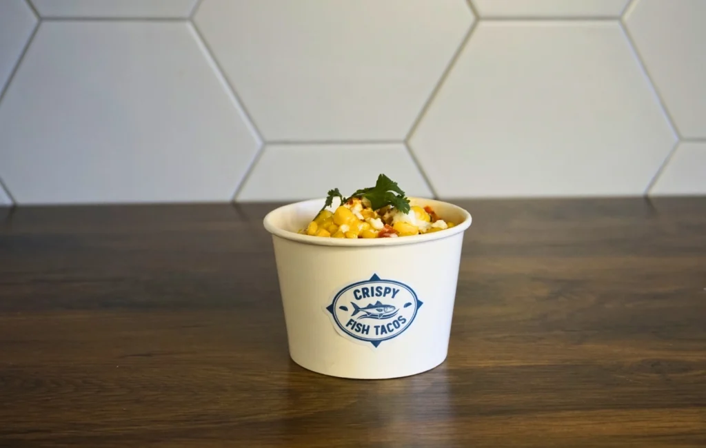 A cup filled with food placed on a wooden table, showcasing a colorful and appetizing dish.