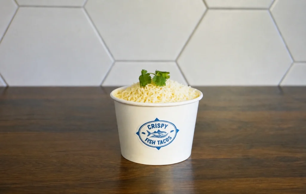 A paper cup filled with melted cheese sits on a wooden table.