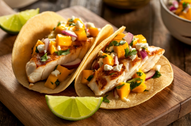 Two fish tacos topped with mango salsa, presented on a rustic wooden cutting board.