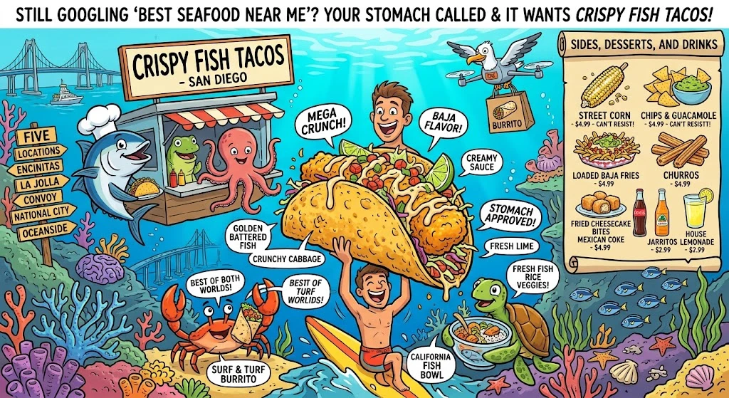 Cartoon illustration of a taco filled with fish, lettuce, and salsa, showcasing a colorful and appetizing design.